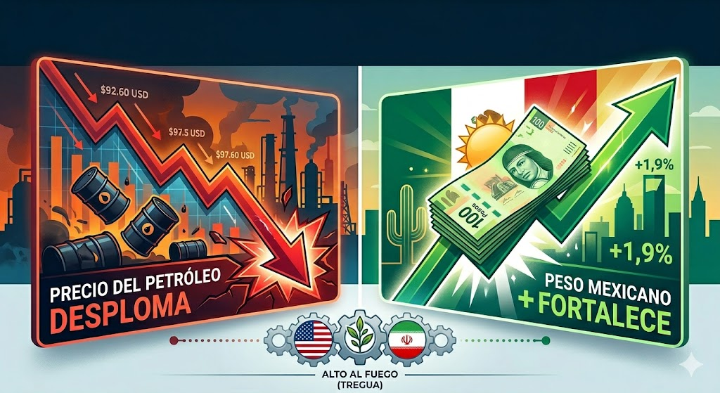 Tregua entre EE. UU. e Irán desploma el petróleo y fortalece al peso&nbsp;mexicano.
