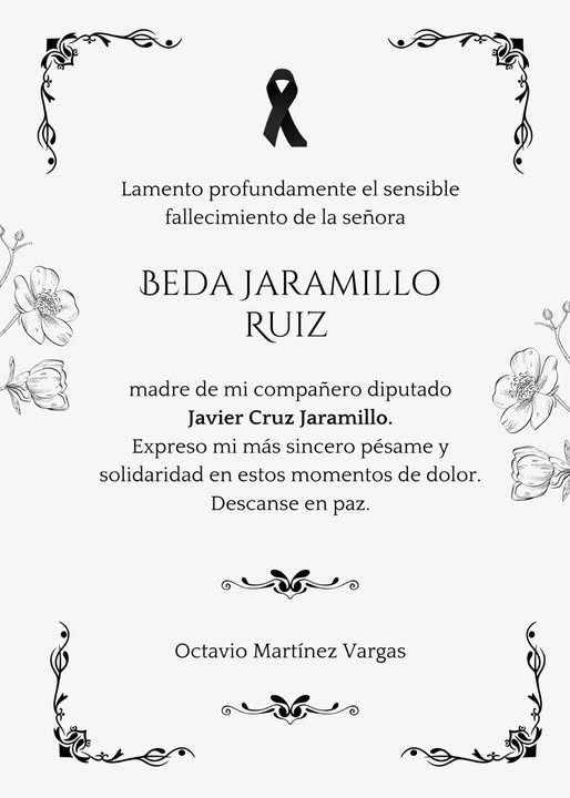 Condolencias por el sensible fallecimiento de la Sra. Beda Jaramillo&nbsp;Ruíz.