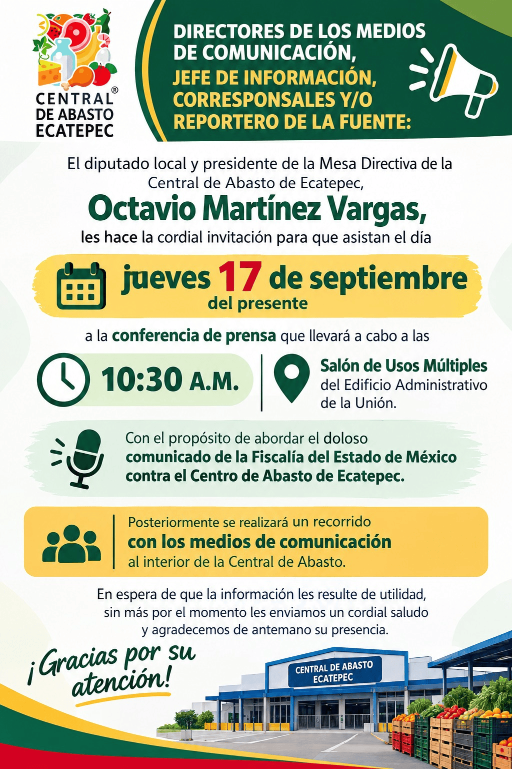 Octavio Martínez Vargas responde a señalamientos contra la Central de Abasto de Ecatepec e Invita a Todo Medio de Comunicación a Conferencia de&nbsp;Prensa.